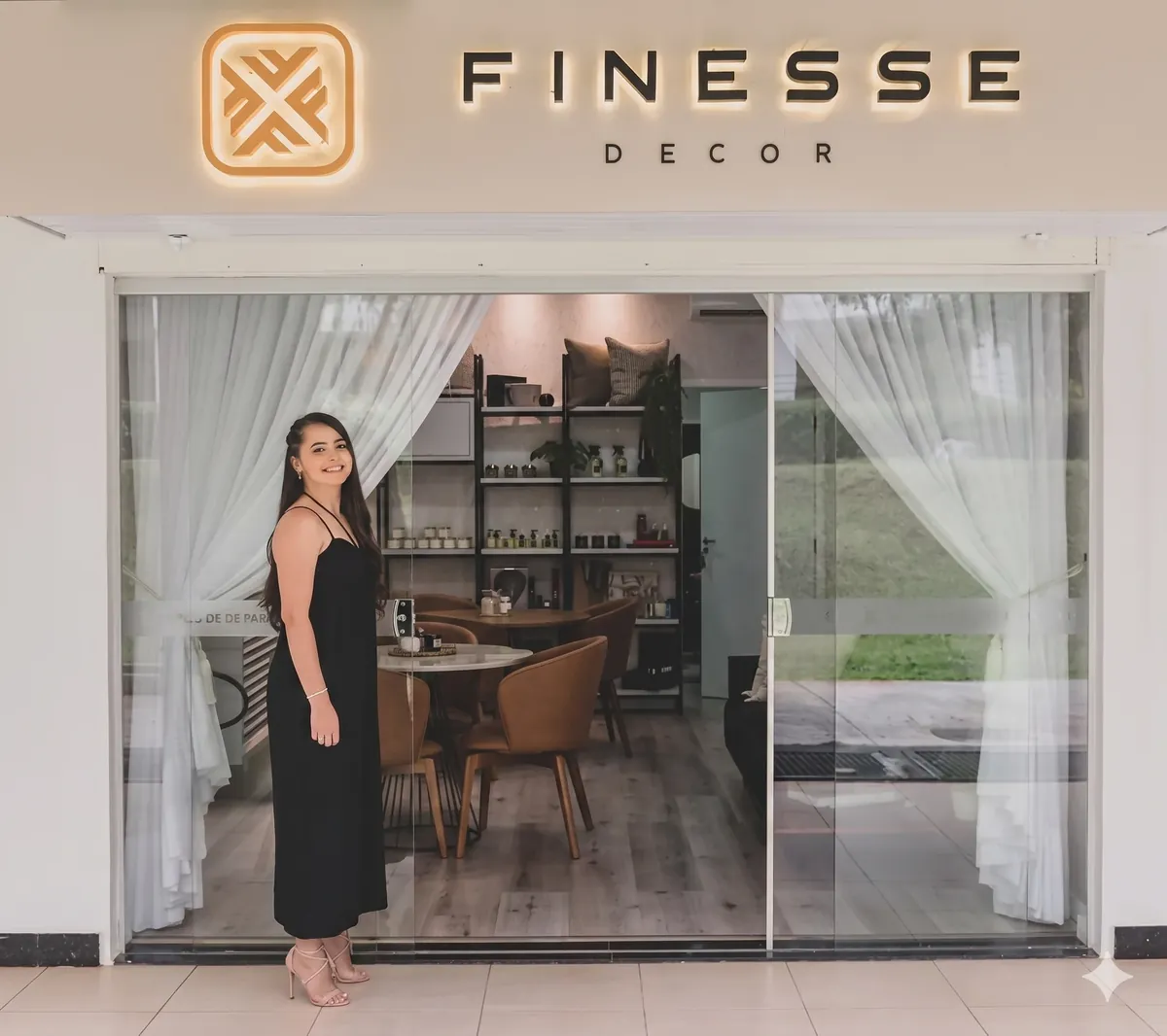 Fachada da Finesse Decor com cortinas planejadas em exposição
